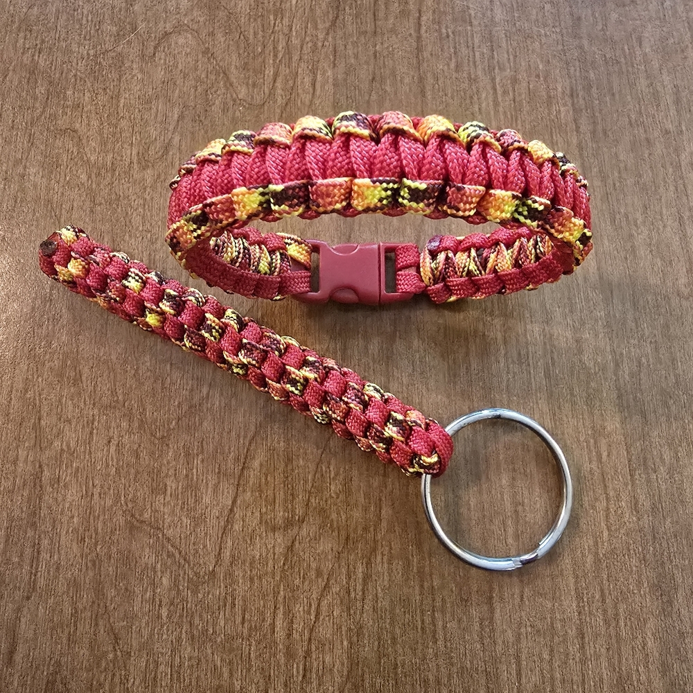 Handmade Red and Yellow Paracord Bracelet Keychain Set